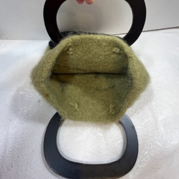 Wool Green w/Birds Double Wooden Handle Handbag Purse Hnadmade - Picture 4 of 13
